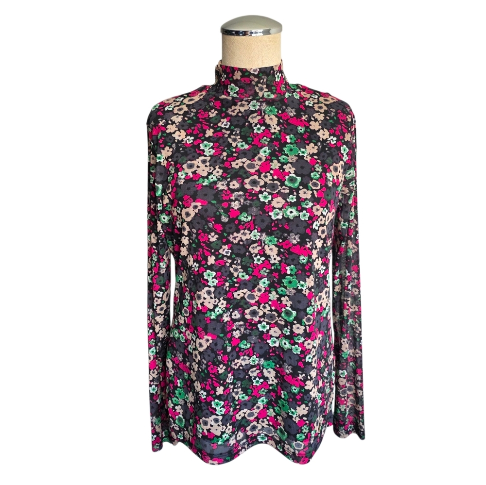 Anne Klein Black Floral Mock Neck Long Sleeve Top size SMALL